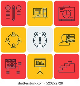 Set Of 9 Project Management Icons. Can Be Used For Web, Mobile, UI And Infographic Design. Includes Elements Such As Solution, Workspace, Chart And More.