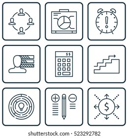Set Of 9 Project Management Icons. Can Be Used For Web, Mobile, UI And Infographic Design. Includes Elements Such As Finance, Solution, Brainstorm And More.