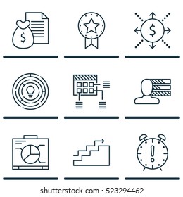 Set Of 9 Project Management Icons. Can Be Used For Web, Mobile, UI And Infographic Design. Includes Elements Such As Win, Deadline, Award And More.