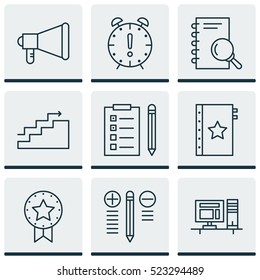 Set Of 9 Project Management Icons. Can Be Used For Web, Mobile, UI And Infographic Design. Includes Elements Such As Advertising, Award, Announcement And More.