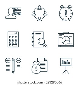 Set Of 9 Project Management Icons. Can Be Used For Web, Mobile, UI And Infographic Design. Includes Elements Such As Notebook, Decision, Research And More.