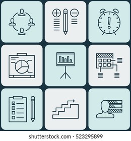 Set Of 9 Project Management Icons. Can Be Used For Web, Mobile, UI And Infographic Design. Includes Elements Such As Time, Personality, Right And More.