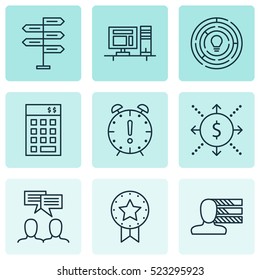Set Of 9 Project Management Icons. Can Be Used For Web, Mobile, UI And Infographic Design. Includes Elements Such As Finance, Decision, Time And More.
