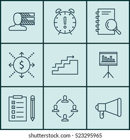 Set Of 9 Project Management Icons. Can Be Used For Web, Mobile, UI And Infographic Design. Includes Elements Such As Deadline, Notebook, Team And More.
