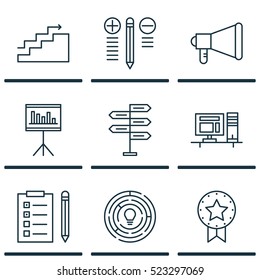 Set Of 9 Project Management Icons. Can Be Used For Web, Mobile, UI And Infographic Design. Includes Elements Such As Statistics, Computer, Right And More.