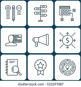 Set Of 9 Project Management Icons. Can Be Used For Web, Mobile, UI And Infographic Design. Includes Elements Such As Analysis, Flow, Brainstorm And More.