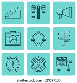Set Of 9 Project Management Icons. Can Be Used For Web, Mobile, UI And Infographic Design. Includes Elements Such As Goal, Team, Deadline And More.