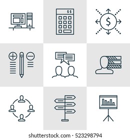 Set Of 9 Project Management Icons. Can Be Used For Web, Mobile, UI And Infographic Design. Includes Elements Such As Skills, Teamwork, Collaboration And More.