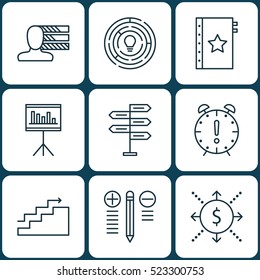 Set Of 9 Project Management Icons. Can Be Used For Web, Mobile, UI And Infographic Design. Includes Elements Such As Solution, Growth, Brainstorming And More.
