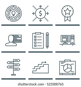 Set Of 9 Project Management Icons. Can Be Used For Web, Mobile, UI And Infographic Design. Includes Elements Such As Idea, Growth, Office And More.