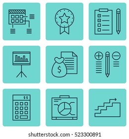 Set Of 9 Project Management Icons. Can Be Used For Web, Mobile, UI And Infographic Design. Includes Elements Such As Right, Award, Dashboard And More.