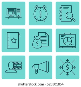 Set Of 9 Project Management Icons. Can Be Used For Web, Mobile, UI And Infographic Design. Includes Elements Such As Chart, Time, Notebook And More.
