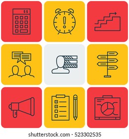 Set Of 9 Project Management Icons. Can Be Used For Web, Mobile, UI And Infographic Design. Includes Elements Such As Deadline, Finance, Dashboard And More.