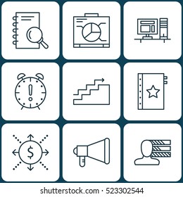 Set Of 9 Project Management Icons. Can Be Used For Web, Mobile, UI And Infographic Design. Includes Elements Such As Workspace, Management, Quality And More.