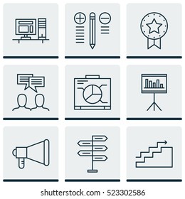 Set Of 9 Project Management Icons. Can Be Used For Web, Mobile, UI And Infographic Design. Includes Elements Such As Dashboard, Discussion, Office And More.