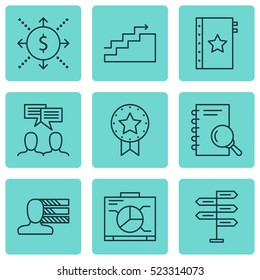 Set Of 9 Project Management Icons. Can Be Used For Web, Mobile, UI And Infographic Design. Includes Elements Such As Personality, Fork, Money And More.