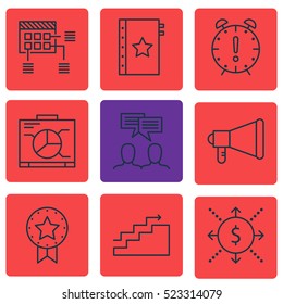 Set Of 9 Project Management Icons. Can Be Used For Web, Mobile, UI And Infographic Design. Includes Elements Such As Meeting, Presentation, Badge And More.