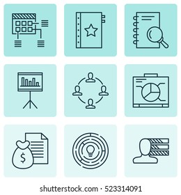 Set Of 9 Project Management Icons. Can Be Used For Web, Mobile, UI And Infographic Design. Includes Elements Such As Collaboration, Project, Statistic And More.