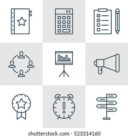 Set Of 9 Project Management Icons. Can Be Used For Web, Mobile, UI And Infographic Design. Includes Elements Such As Advertising, Teamwork, Deadline And More.
