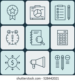 Set Of 9 Project Management Icons. Can Be Used For Web, Mobile, UI And Infographic Design. Includes Elements Such As Reminder, Money, Present Badge And More.