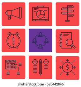 Set Of 9 Project Management Icons. Can Be Used For Web, Mobile, UI And Infographic Design. Includes Elements Such As Money, Collaboration, Decision Making And More.