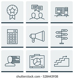 Set Of 9 Project Management Icons. Can Be Used For Web, Mobile, UI And Infographic Design. Includes Elements Such As Board, Computer, Present Badge And More.