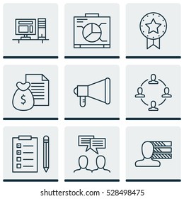 Set Of 9 Project Management Icons. Can Be Used For Web, Mobile, UI And Infographic Design. Includes Elements Such As Present Badge, Collaboration, Discussion And More.