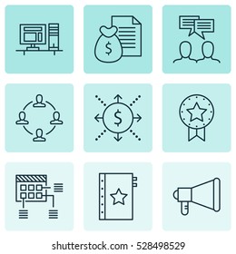 Set Of 9 Project Management Icons. Can Be Used For Web, Mobile, UI And Infographic Design. Includes Elements Such As Discussion, Money, Report And More.