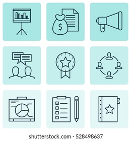 Set Of 9 Project Management Icons. Can Be Used For Web, Mobile, UI And Infographic Design. Includes Elements Such As Discussion, Collaboration, Reminder And More.