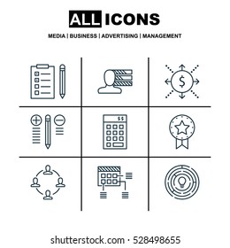 Set Of 9 Project Management Icons. Can Be Used For Web, Mobile, UI And Infographic Design. Includes Elements Such As Decision Making, Collaboration, Reminder And More.