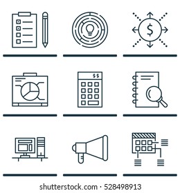 Set Of 9 Project Management Icons. Can Be Used For Web, Mobile, UI And Infographic Design. Includes Elements Such As Innovation, Board, Money And More.