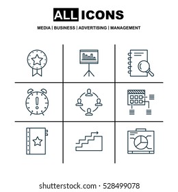 Set Of 9 Project Management Icons. Can Be Used For Web, Mobile, UI And Infographic Design. Includes Elements Such As Schedule, Collaboration, Analysis And More.