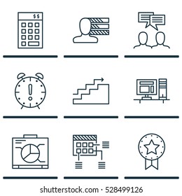 Set Of 9 Project Management Icons. Can Be Used For Web, Mobile, UI And Infographic Design. Includes Elements Such As Discussion, Computer, Schedule And More.