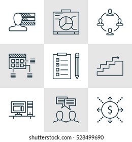 Set Of 9 Project Management Icons. Can Be Used For Web, Mobile, UI And Infographic Design. Includes Elements Such As Discussion, Money, Growth And More.