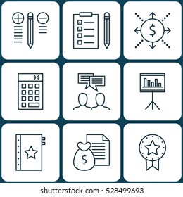 Set Of 9 Project Management Icons. Can Be Used For Web, Mobile, UI And Infographic Design. Includes Elements Such As Report, Decision Making, Presentation And More.