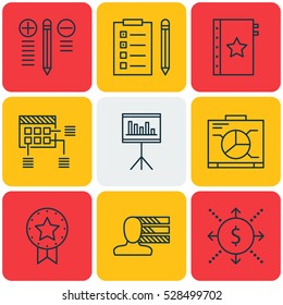 Set Of 9 Project Management Icons. Can Be Used For Web, Mobile, UI And Infographic Design. Includes Elements Such As Reminder, Decision Making, Board And More.