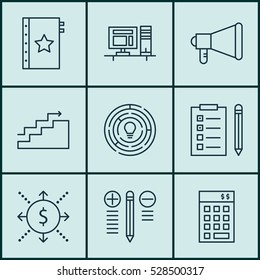 Set Of 9 Project Management Icons. Can Be Used For Web, Mobile, UI And Infographic Design. Includes Elements Such As Decision Making, Innovation, Reminder And More.