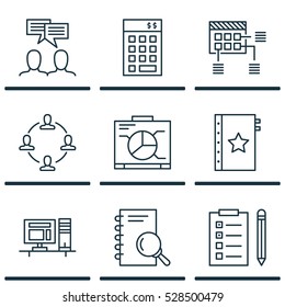 Set Of 9 Project Management Icons. Can Be Used For Web, Mobile, UI And Infographic Design. Includes Elements Such As Board, Warranty, Discussion And More.