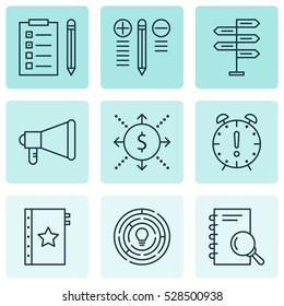 Set Of 9 Project Management Icons. Can Be Used For Web, Mobile, UI And Infographic Design. Includes Elements Such As Money, Reminder, Opportunity And More.