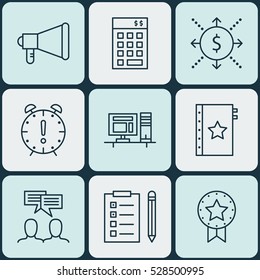 Set Of 9 Project Management Icons. Can Be Used For Web, Mobile, UI And Infographic Design. Includes Elements Such As Computer, Reminder, Discussion And More.