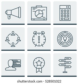 Set Of 9 Project Management Icons. Can Be Used For Web, Mobile, UI And Infographic Design. Includes Elements Such As Time Management, Present Badge, Personal Skills And More.