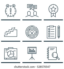 Set Of 9 Project Management Icons. Can Be Used For Web, Mobile, UI And Infographic Design. Includes Elements Such As Present Badge, Discussion, Analysis And More.