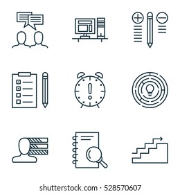 Set Of 9 Project Management Icons. Can Be Used For Web, Mobile, UI And Infographic Design. Includes Elements Such As Time Management, Decision Making, Analysis And More.