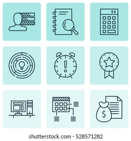 Set Of 9 Project Management Icons. Can Be Used For Web, Mobile, UI And Infographic Design. Includes Elements Such As Report, Computer, Present Badge And More.