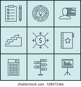 Set Of 9 Project Management Icons. Can Be Used For Web, Mobile, UI And Infographic Design. Includes Elements Such As Personal Skills, Money, Warranty And More.