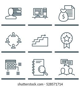 Set Of 9 Project Management Icons. Can Be Used For Web, Mobile, UI And Infographic Design. Includes Elements Such As Present Badge, Report, Computer And More.
