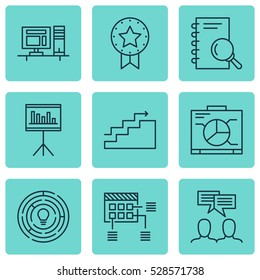 Set Of 9 Project Management Icons. Can Be Used For Web, Mobile, UI And Infographic Design. Includes Elements Such As Analysis, Board, Presentation And More.