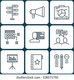Set Of 9 Project Management Icons. Can Be Used For Web, Mobile, UI And Infographic Design. Includes Elements Such As Personal Skills, Warranty, Presentation And More.