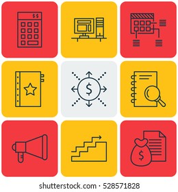 Set Of 9 Project Management Icons. Can Be Used For Web, Mobile, UI And Infographic Design. Includes Elements Such As Report, Computer, Schedule And More.