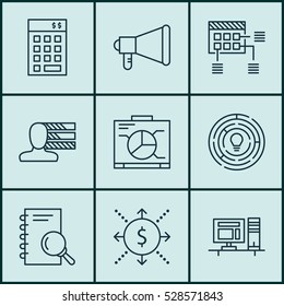 Set Of 9 Project Management Icons. Can Be Used For Web, Mobile, UI And Infographic Design. Includes Elements Such As Computer, Investment, Innovation And More.